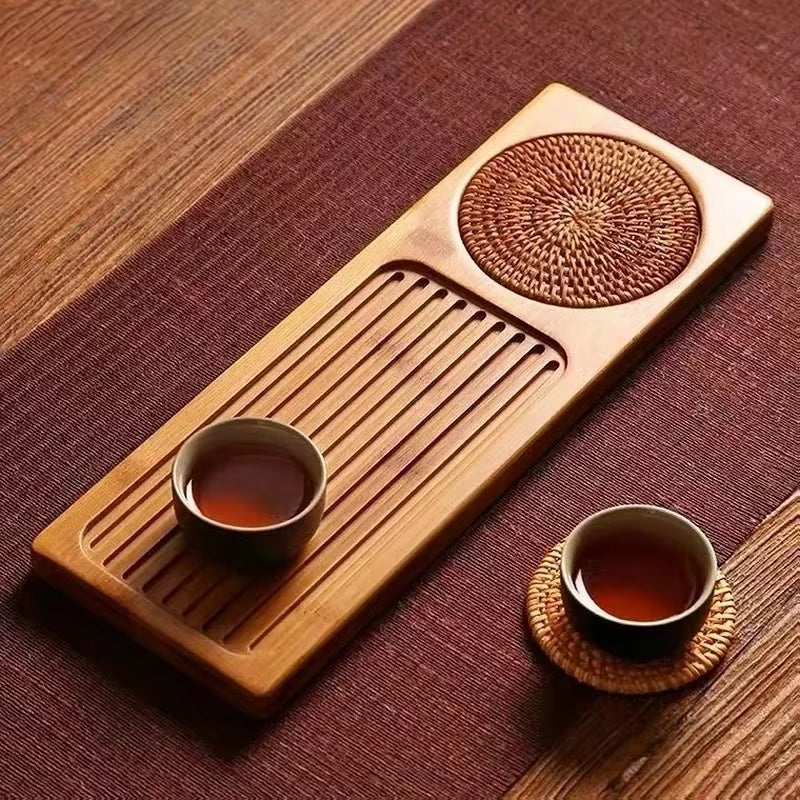 Solid Bamboo Wood Tea Tray Portable Rattan Mat Rectangle Serving Table Plate Storage Dish for Hotel Tea Plate Accessories Saucer