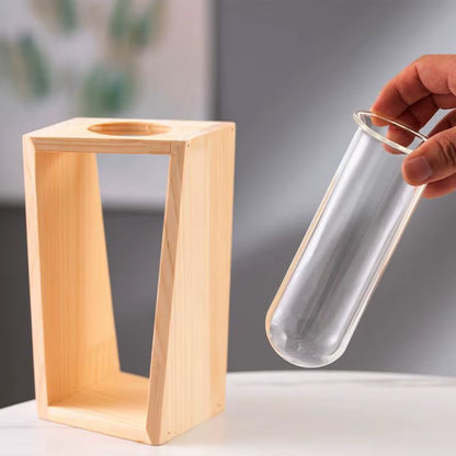 Minimalist Test Tube Wood Hydroponic Green Planter Holder Transprent Glass Vase Plant Holder Flower Stand Plant for Home Decor