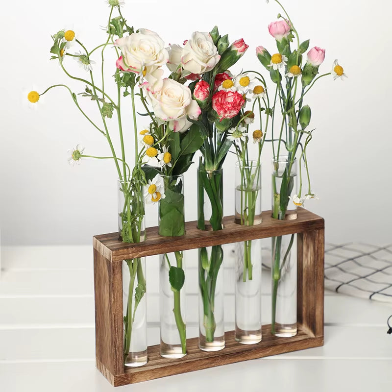 1 Set Creative Hydroponic Plants Container with Wood Frame Transparent Glass Test Tube Vase Bonsai Home Desktop Decor Crafts