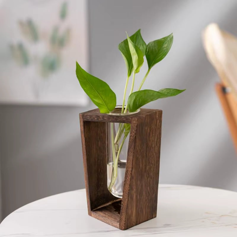 Minimalist Test Tube Wood Hydroponic Green Planter Holder Transprent Glass Vase Plant Holder Flower Stand Plant for Home Decor