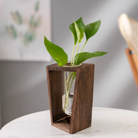 Minimalist Test Tube Wood Hydroponic Green Planter Holder Transprent Glass Vase Plant Holder Flower Stand Plant for Home Decor